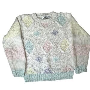 Vintage 80s Helium Hand Knitted Pastel Geometric Acrylic Sweater Large Kawaii